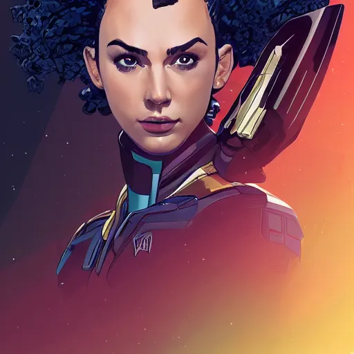 Image similar to a portrait of a stunning beautiful elite gal gadot gundam pilot, with an intricate, detailed, urban inspired hiphop afro futuristic helmet, vector behance hd jesper ejsing, rhads, makoto shinkai, lois van baarle, ilya kuvshinov, rossdraws, hd, 3 2 k, ilya kuvshinov, gustav klimt