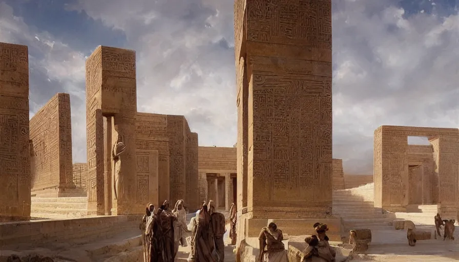 Image similar to beautiful landscape oil matte painting, of ancient mesopotamia statues, the ishtar gate, the white temple and great ziggurat of uruk art by anders zorn, wonderful masterpiece by greg rutkowski, beautiful cinematic light, thomas lawrence, greg rutkowski