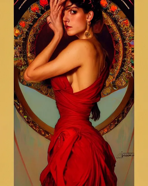 Image similar to portrait of a beautiful young spanish woman wearing a red salsa dress, beautiful symmetrical face, golden, fantasy, regal, by stanley artgerm lau, greg rutkowski, thomas kindkade, alphonse mucha, loish, norman rockwell.