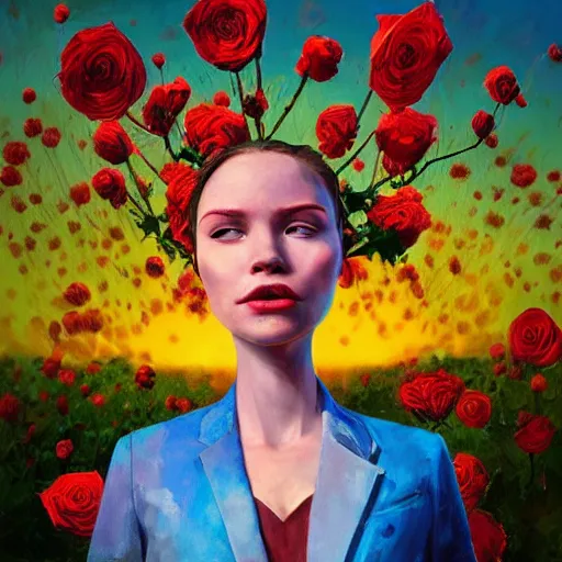 Image similar to closeup, giant rose flower head, frontal, girl in a suit, surreal photography, sunrise, blue sky, dramatic light, impressionist painting, digital painting, artstation, simon stalenhag