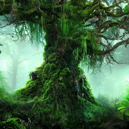 Image similar to horrific, spectacular tree in a densely overgrown jungle, fantasy, dreamlike sunraise, ultra realistic