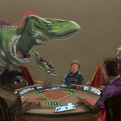 Image similar to Dinosaurs playing poker at the prehistoric dawn cave casino drawn with a left hand.