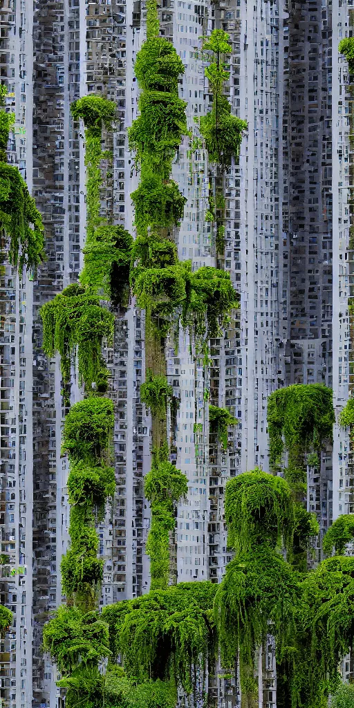 Prompt: elevational photo of tall and slender concrete housing towers emerging out of the ground. The towers are covered with moss and ferns growing horizontally from floors and balconies. The towers are clustered very close together and stand straight and tall. The housing towers have 50 floors with deep balconies and hanging plants. Thin bridges span between towers.