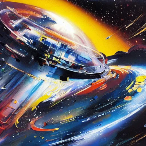 Prompt: minimalist space warp concept art oil painting by john berkey , minimal detailed, brush hard