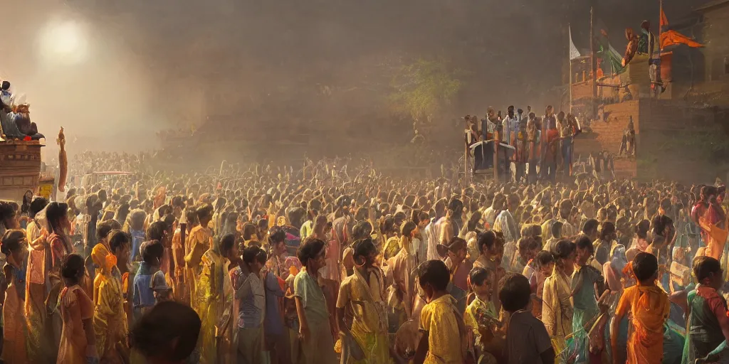 Prompt: cultural activities at a local school in india on independence day, cinematic composition, a fantasy digital painting by greg rutkowski and james gurney, trending on artstation, highly detailed, hyperrealistic, realistic, photorealistic, dynamic lighting, highly detailed, cinematic landscape, studio landscape, studio lighting