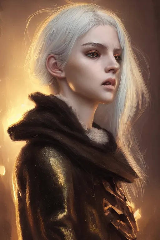 Image similar to a fancy portrait of a beautiful young girl with silver hair and golden eyes by greg rutkowski, sung choi, mitchell mohrhauser, maciej kuciara, johnson ting, maxim verehin, peter konig, bloodborne, 8 k photorealistic, cinematic lighting, hd, high details, dramatic, dark atmosphere, trending on artstation