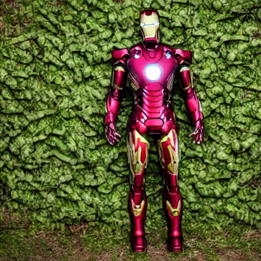 Image similar to abandoned iron man suit covered in vines, 4k realistic photo