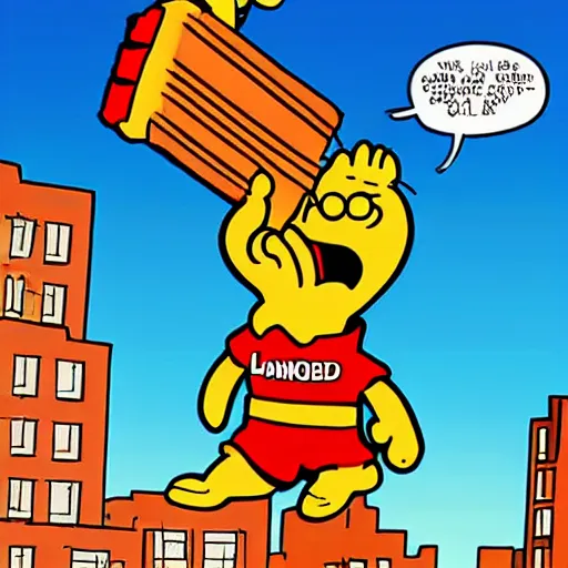 Prompt: garfield flying around the city with a jetpack while holding lasagna in his right hand, in the style of jim davis