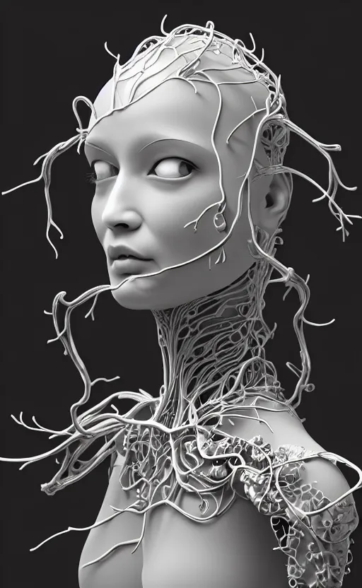 Image similar to black and white complex 3d render of 1 beautiful profile woman porcelain face, vegetal dragon cyborg, 150 mm, sinuous silver ghost orchid stems, roots, leaves, fine lace, maze-like, mandelbot fractal, anatomical, facial muscles, cable wires, microchip, elegant, highly detailed, black metalic armour with silver details, rim light, octane render, H.R. Giger style, David Uzochukwu