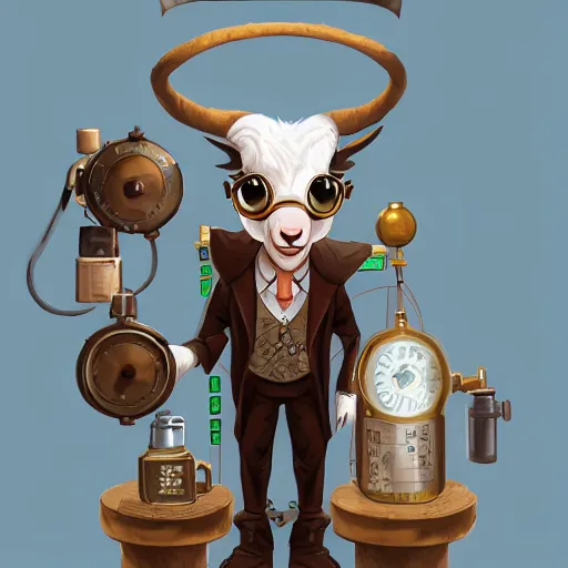 Prompt: a goat who is a mad scientist, wearing a lab coat, inventing a time machine, steampunk style, digital art, trending on artstation and unreal engine, deviantart, smooth, hyper detailed, coherent