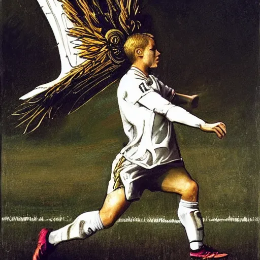 Prompt: soccer photography, goal keeper with wings, baroque painting