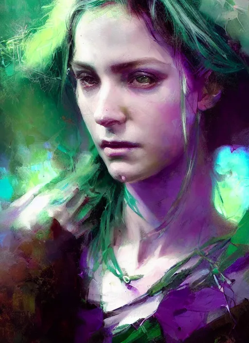 Prompt: purple and green colors, beautiful painting by jeremy mann, a female witch absurdly beautiful, elegant, ultrafine hyperrealistic detailed face illustration by wlop and artgerm and greg rutkowski, intricate linework, sharp focus, smooth, octopath traveler, final fantasy, unreal engine, dramatic lighting, ethereal, 8 k