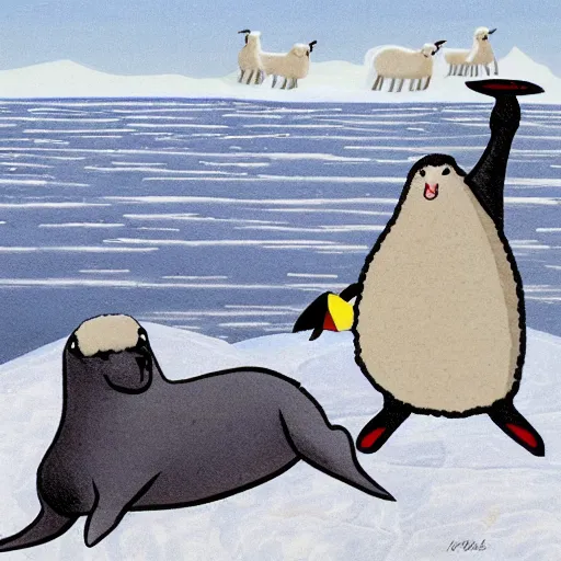 Image similar to cartoon drawing of a seal tossing a red ball with a sheep in antarctica. the seal's head is sticking out above the water and the sheep is standing near the edge of ice