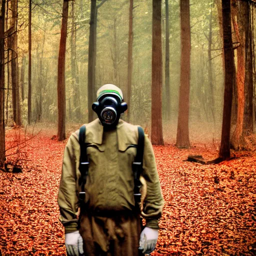 Prompt: stalker wearing a gas mask, red forest, dslr photo, film grain