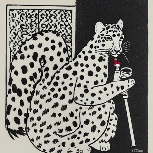 Image similar to A snow leopard smoking a pipe, woodblock print, by Aubrey Beardsley