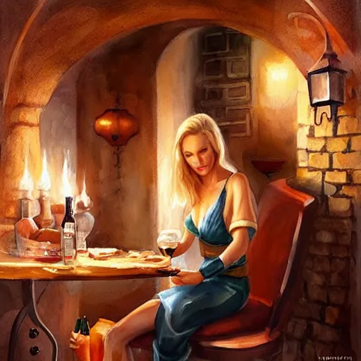 Prompt: blonde hot woman in wine cellar, boba fett!, drinking beer, eating meat, cozy, inviting, atmospheric, torches on the wall, watercolor! by vladimir volegov