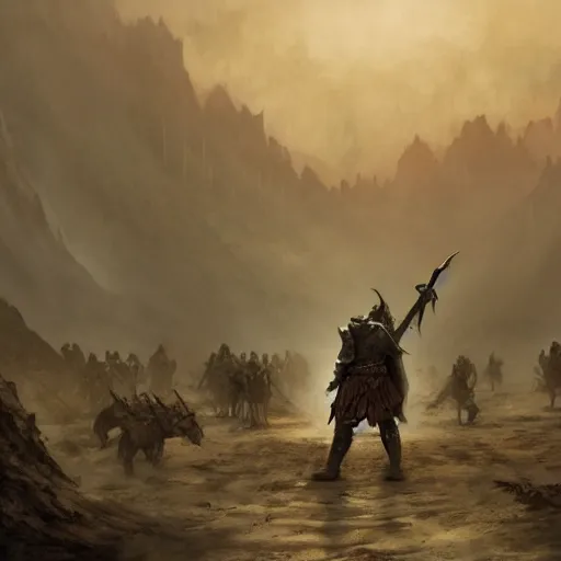 Image similar to A single knight standing against an army of orcs in the desert, HD, ultra detail, matte, fantasy, famous illustration, masterpiece, dark atmosphere, war, good value control, intricate, cinematic, concept art, art by Leesha Hannigan and Greg Rutkowski, 8K, foggy,