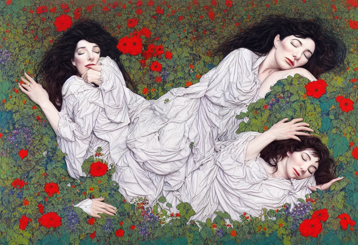 Image similar to ! dream portrait of kate bush sleeping in a garden by james jean