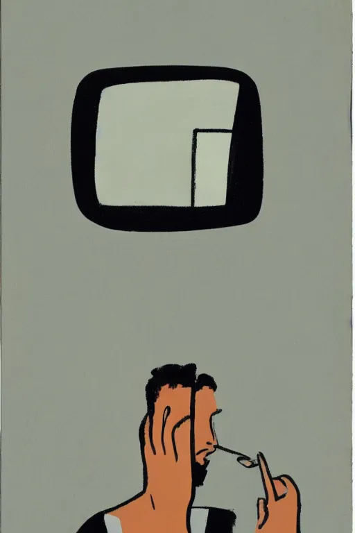 Image similar to man looking into a mirror, 1960’s minimalist advertising illustration, painterly, expressive brush strokes