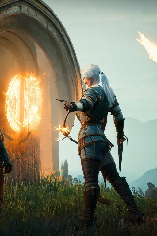 Image similar to witcher 3 ciri and geralt opening a portal to middle - earth, 8 k, highly detailed, unreal engine