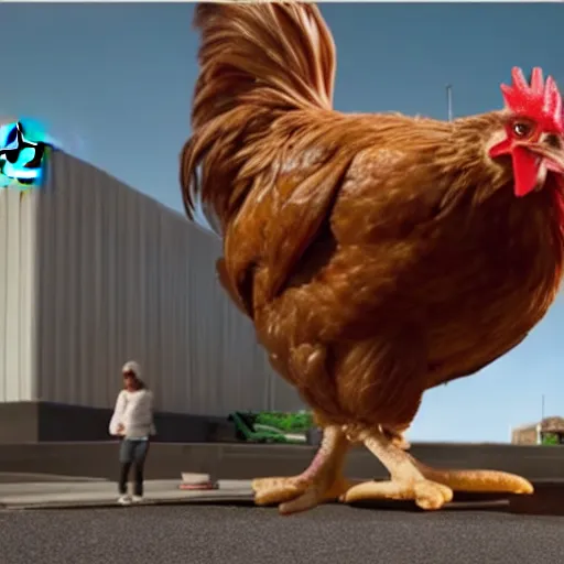 Image similar to giant chicken destroying a mcdonalds, vfx, film, hd