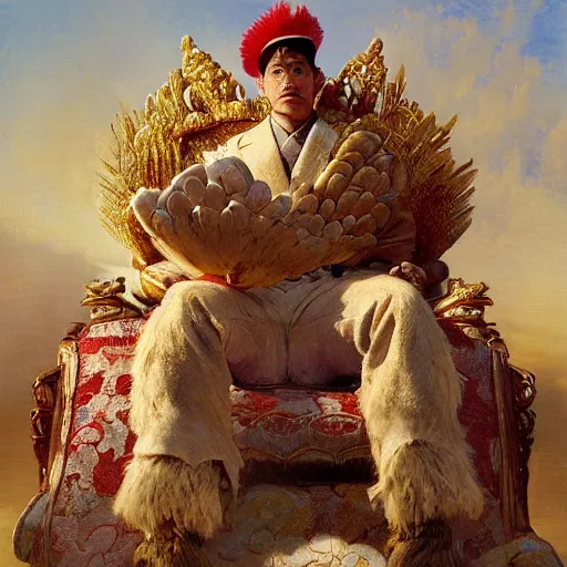 Prompt: portrait of the man chicken emperor of japan dressed as a chicken, sitting on his throne at his palace, highly detailed painting by gaston bussiere, craig mullins, j. c. leyendecker 8 k