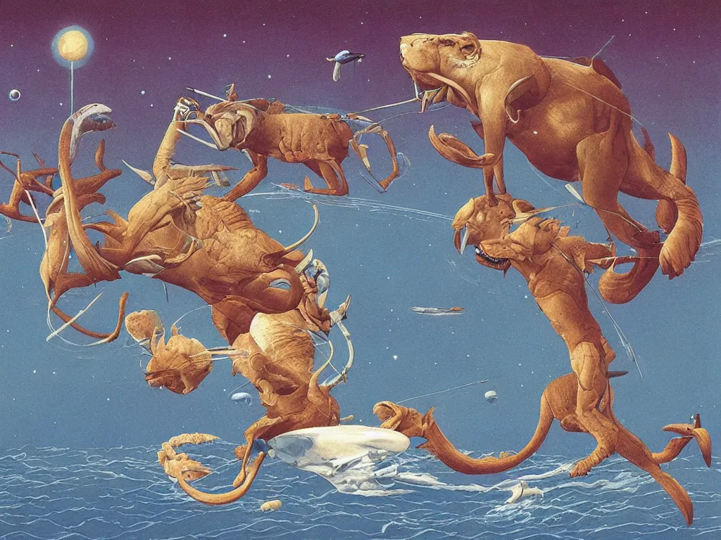 Image similar to Animals on Neptune a million years ago. Painting by Walton Ford, Moebius.