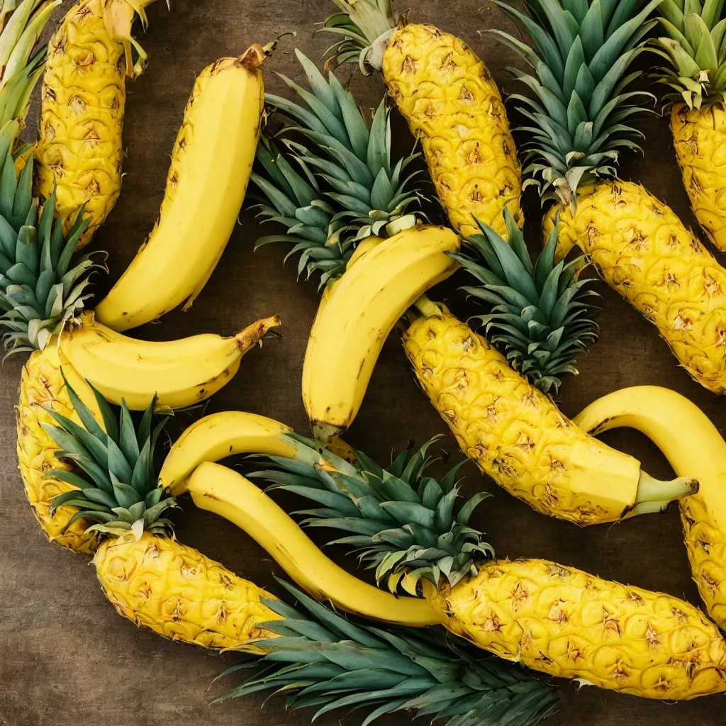 Image similar to pineapple that looks like a banana, hyper real, food photography, high quality