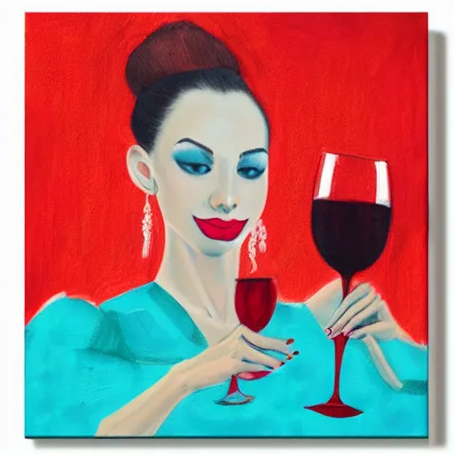 Image similar to square painting of a ballerina drinking wine in a teal room all on a red background