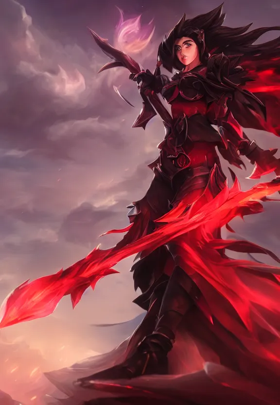 Prompt: a beautiful fierce long black haired woman wearing red dress wielding black sword posing heroically, heavenly moonlit clouds background, close up shot, league of legends style, splash art, highly detailed, vray, artstation, extremely detailed woman, stunning volumetric lighting, hyper realism, fantasy 4k