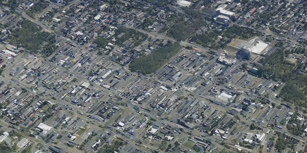 Image similar to satellite imagery of a low - rise city, with small woods and hills in the north with trailer park. in the south are buildings, a highway, shipping dock area, and monorail station.