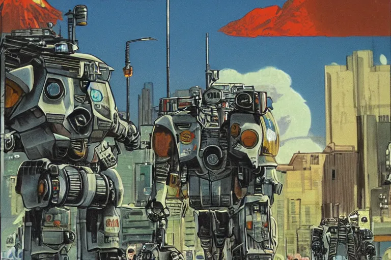 Image similar to 1 9 7 9 science fiction depicting mechwarrior walking at street level in with beautiful scenery. art by tim conrad and vic bonilla