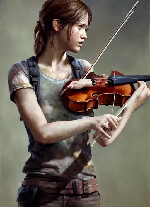 Image similar to portrait of ellie from the last of us in a white dress playing the violin. by Daniel F. Gerhartz, hyperrealistic oil painting, 4k, very detailed faces, studio lightning