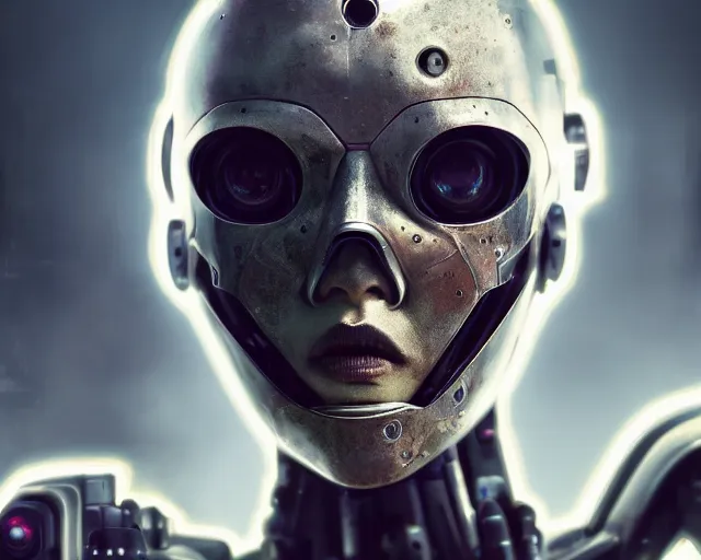 Prompt: close up symmetrical portrait photo of a cyborg robot female with glowing eyes and chrome skin in post apocalyptic cyberpunk wasteland. art by greg rutkowski. highly detailed 8 k. vibrant. bright. intricate. lifelike. soft light. nikon d 8 5 0.