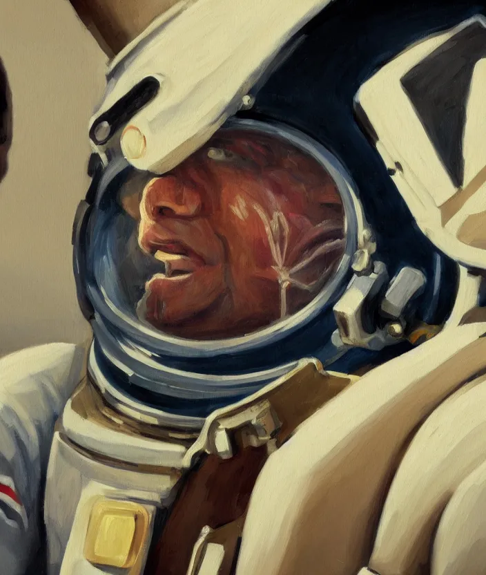 Prompt: a close up portrait painting of a man in an astronaut suit, the man is screaming and sad, highly detailed facial details, face close up, aesthetic architecture in the background, in the style of edward hopper, fine brush strokes, 4 k,