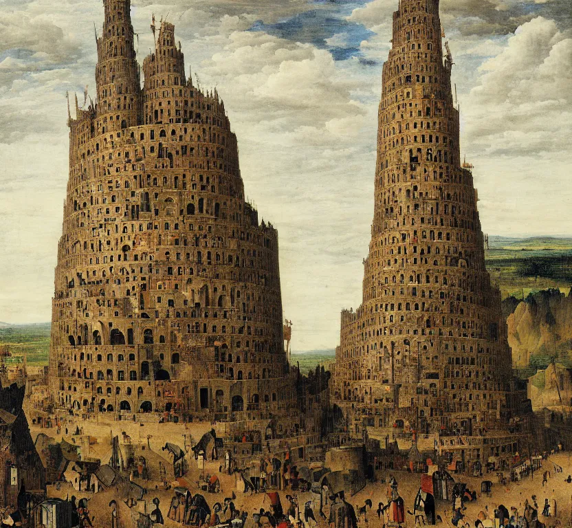 Image similar to a tall tower, somewhat similar to babel, by pieter breugel the elder