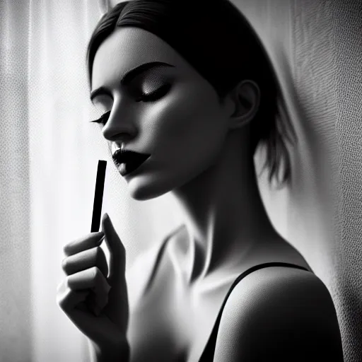 Image similar to black and white fashion photography of highly detailed beautiful depressed Woman with beautiful face, beautiful eyes and beautiful lips in the heroine chique style standing by the window and smoking a cigarette with beautiful hand Rendered in Blender and Octane Render volumetric natural light