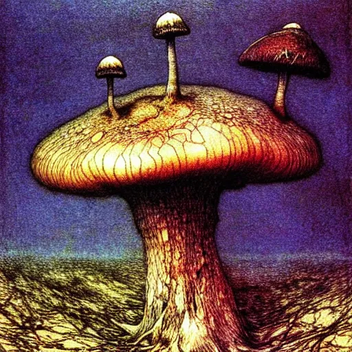 Image similar to strange mushroom by beksinski, luis royo and arthur rackham