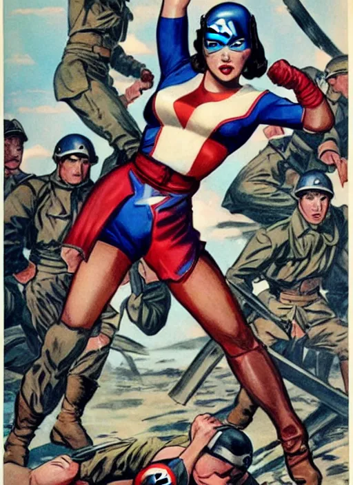 Image similar to beautiful asian female captain america standing on a pile of defeated, beaten and broken german soldiers. feminist captain america wins wwii. american wwii propaganda poster by james gurney. gorgeous face. overwatch