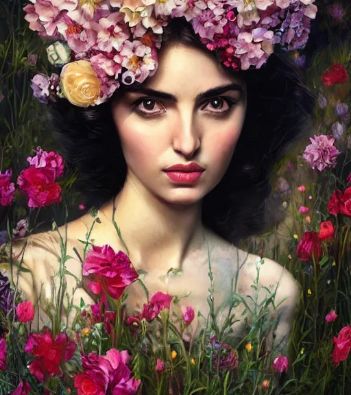 Prompt: portrait of ana de armas in 3 0 s, surrounded by flowers by karol bak, james jean, tom bagshaw, rococo, trending on artstation, cinematic lighting, hyper realism, octane render, 8 k, hyper detailed