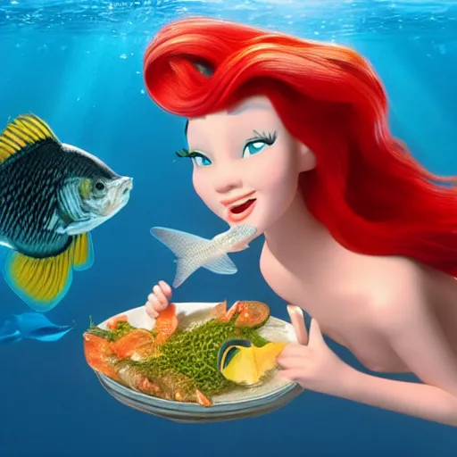 Prompt: ariel eating a fish dinner, hyper realistic, beautiful, 4 k, red hair, succulent, under water, banquet