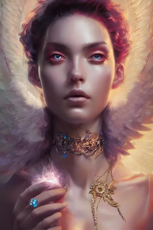 Image similar to beautiful model face coreved with diamonds wearing crystals, diamonds, angel, fantasy, dramatic lighting, highly detailed, digital painting, holding electricity, magic the gathering, hyper detailed, 3 d render, hyper realistic detailed portrait, peter mohrbacher, wlop, ruan jia