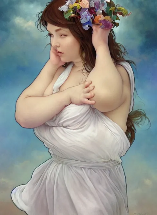 Image similar to a chubby white woman with pointed ears, wearing a white sundress, rainbow pastel clouds for hair, realistic painting by ross tran and gerald brom and alphonse mucha, artgerm, trending on artstation