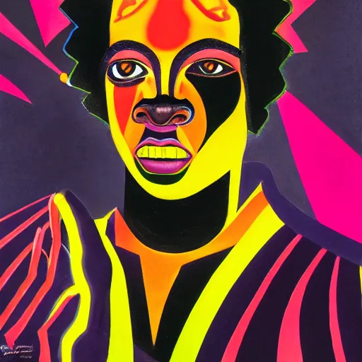 Prompt: a black man with yellow eyes and a dark rainbow background, gouache painting by francis bacon and tomokazu matsuyama, by ed paschke, by agnes pelton, by patrick nagel, behance contest winner, generative art, irridescent, holography, neon, dark art, retrowave, grain, black background