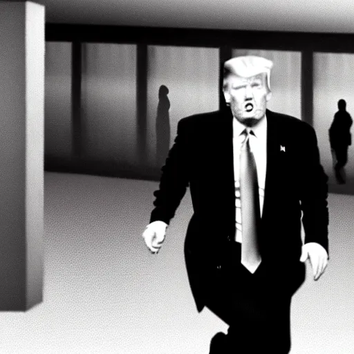 Prompt: cctv footage of donald trump running away from fbi agents