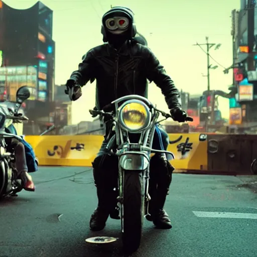 Image similar to minion riding a motorbike in a neotokyo street, cyberpunk, movie still, 4 k