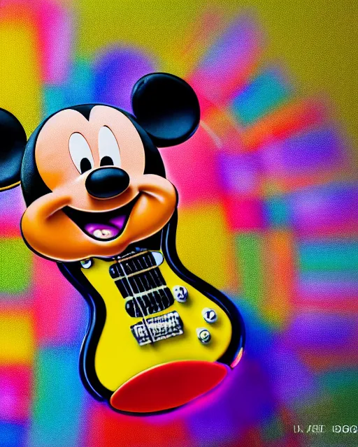 Image similar to A colorful studio portrait of Mickey Mouse playing electric guitar in the style of a zany comedy movie; bokeh, 90mm, f/1.4
