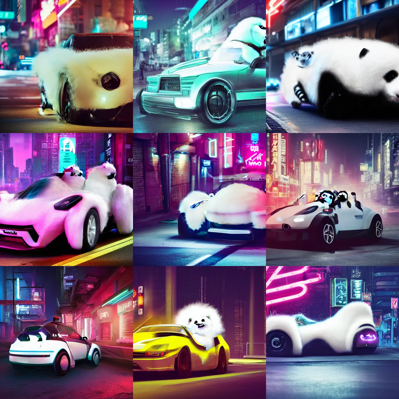 Prompt: a fluffy roadster covered with white fur and in the style of a panda, parking in the street, Cyberpunk, neon light, 4k, hd, highly detailed