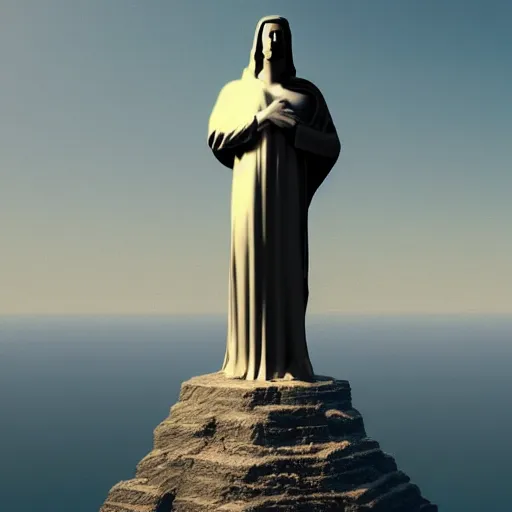 Image similar to highly detailed render of keanu reeves as Cristo Redentor statue in the style of Beeple, artstation art