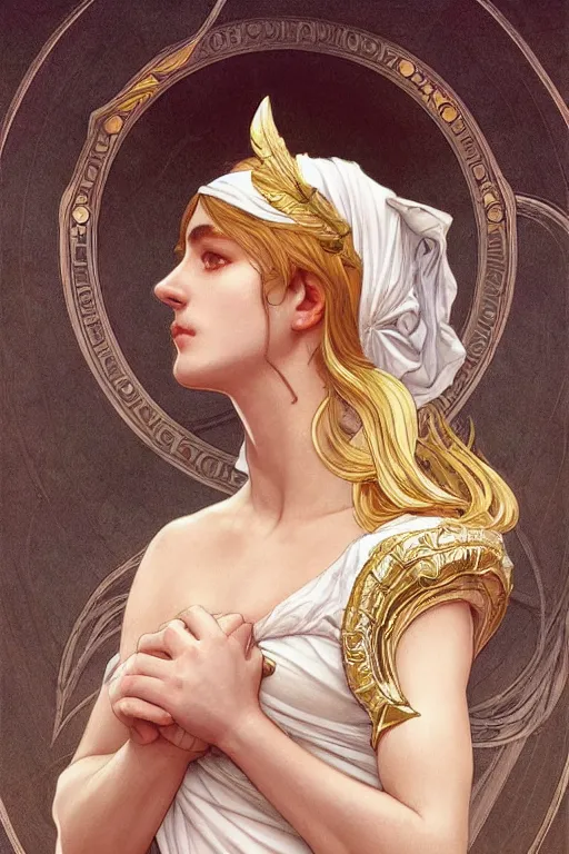 Image similar to Minerva Greek Goddess, elegant, highly detailed, digital painting, artstation, concept art, smooth, sharp focus, illustration, ArtStation, art by artgerm and greg rutkowski and alphonse mucha and J. C. Leyendecker and Edmund Blair Leighton and Charlie Bowater